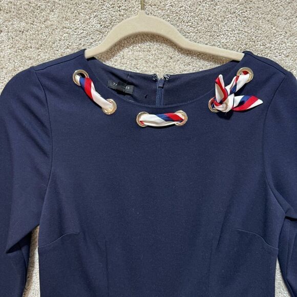 Talbots Ponte Fit &‎ Flare Dress Women's 4P Navy Blue Scarf Tie 3/4 Sleeve NWT - Picture 4 of 12